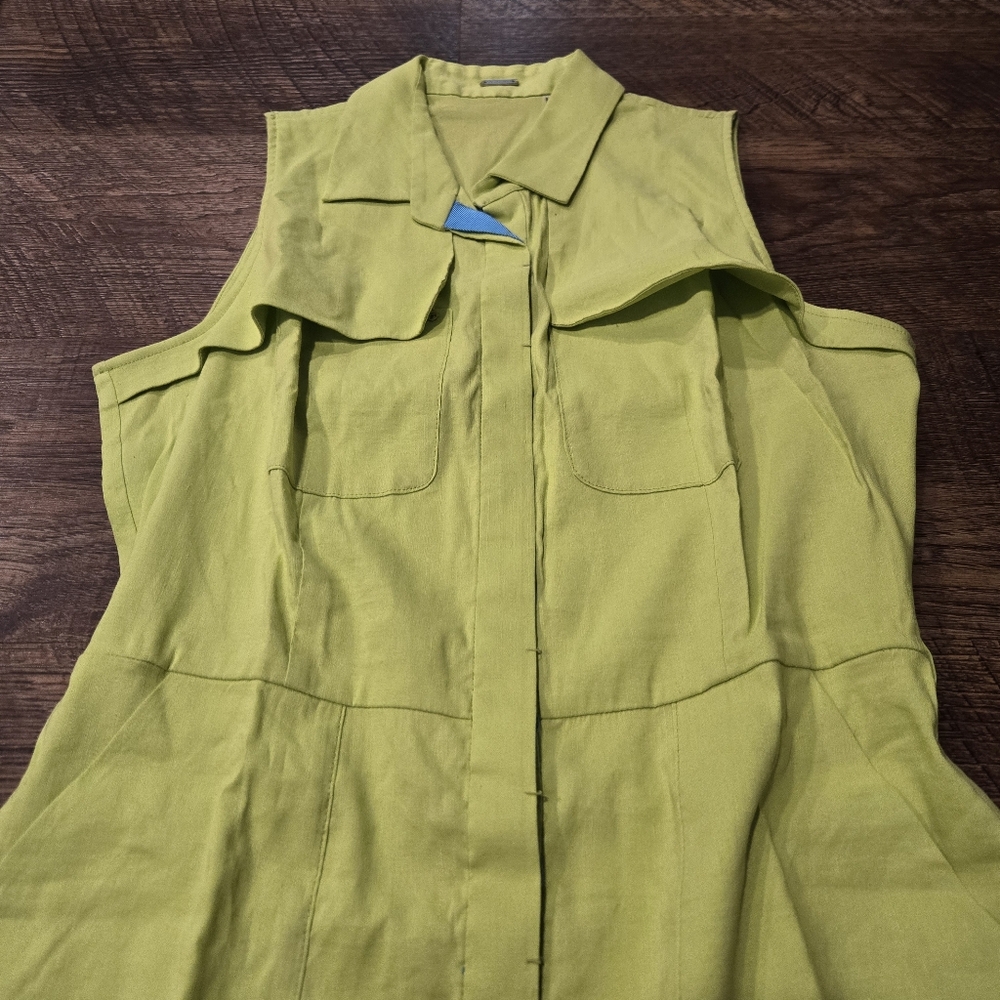 Elie Tahari Gianna Shirt Dress Chartreuse Neon Green Linen Preppy Pockets Casual - Picture 3 of 13